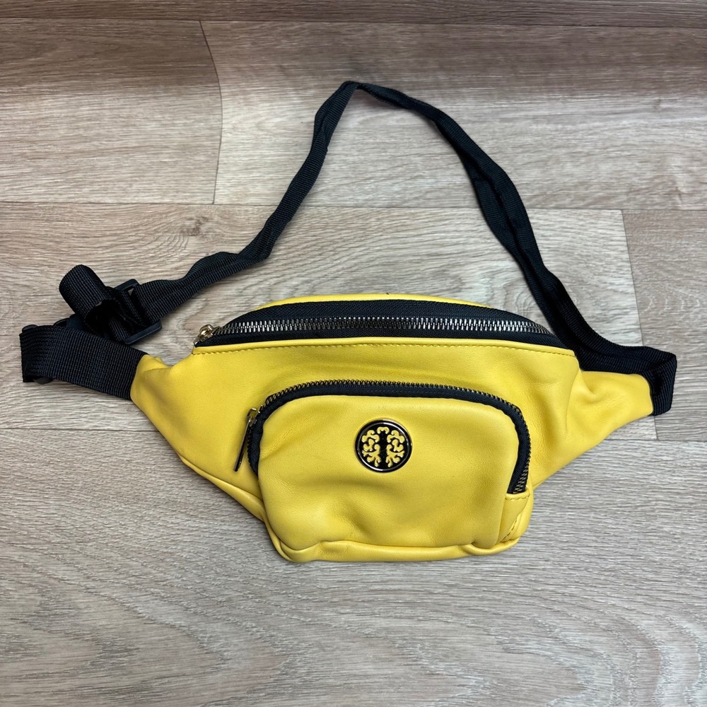Yellow Leather Waist Bag Fanny Pack with Crest Logo and Adjustable Black Strap